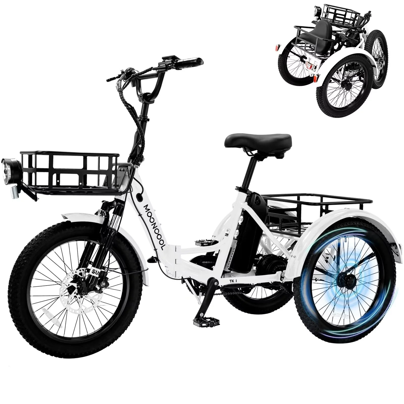 MOONCOOL TK1 Electric Folding Tricycle for Adults & Seniors,three 20*3in Fat Tires Ebike with 500W Motor & 48v 14.5Ah Detachable lithium battery,White - Zander Auto Parts