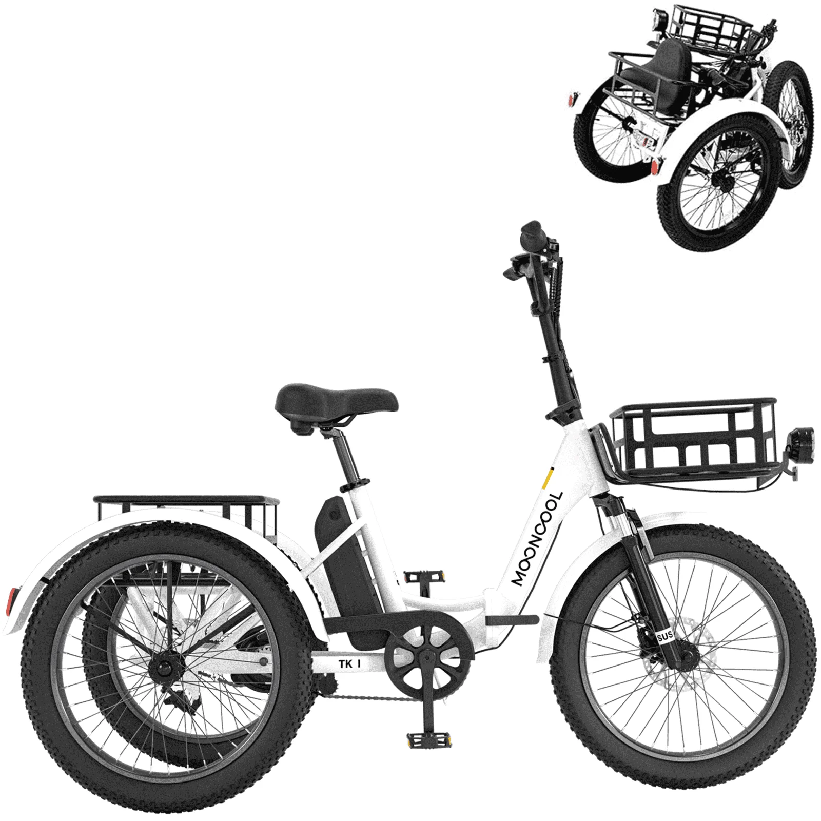 MOONCOOL TK1 Electric Folding Tricycle for Adults & Seniors,three 20*3in Fat Tires Ebike with 500W Motor & 48v 14.5Ah Detachable lithium battery,White - Zander Auto Parts