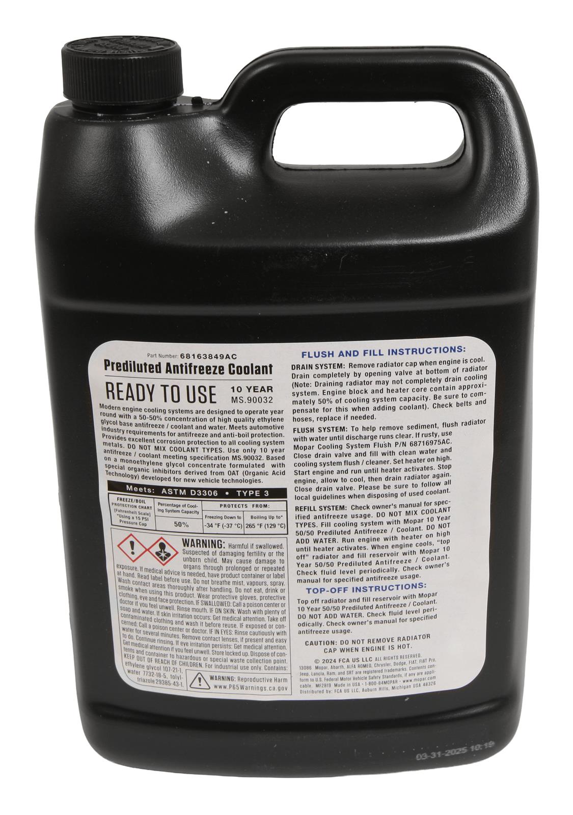 Mopar Replacement 68163849AC Mopar Replacement OAT 50/50 Premix Antifreeze Coolant - Zander Auto Parts
