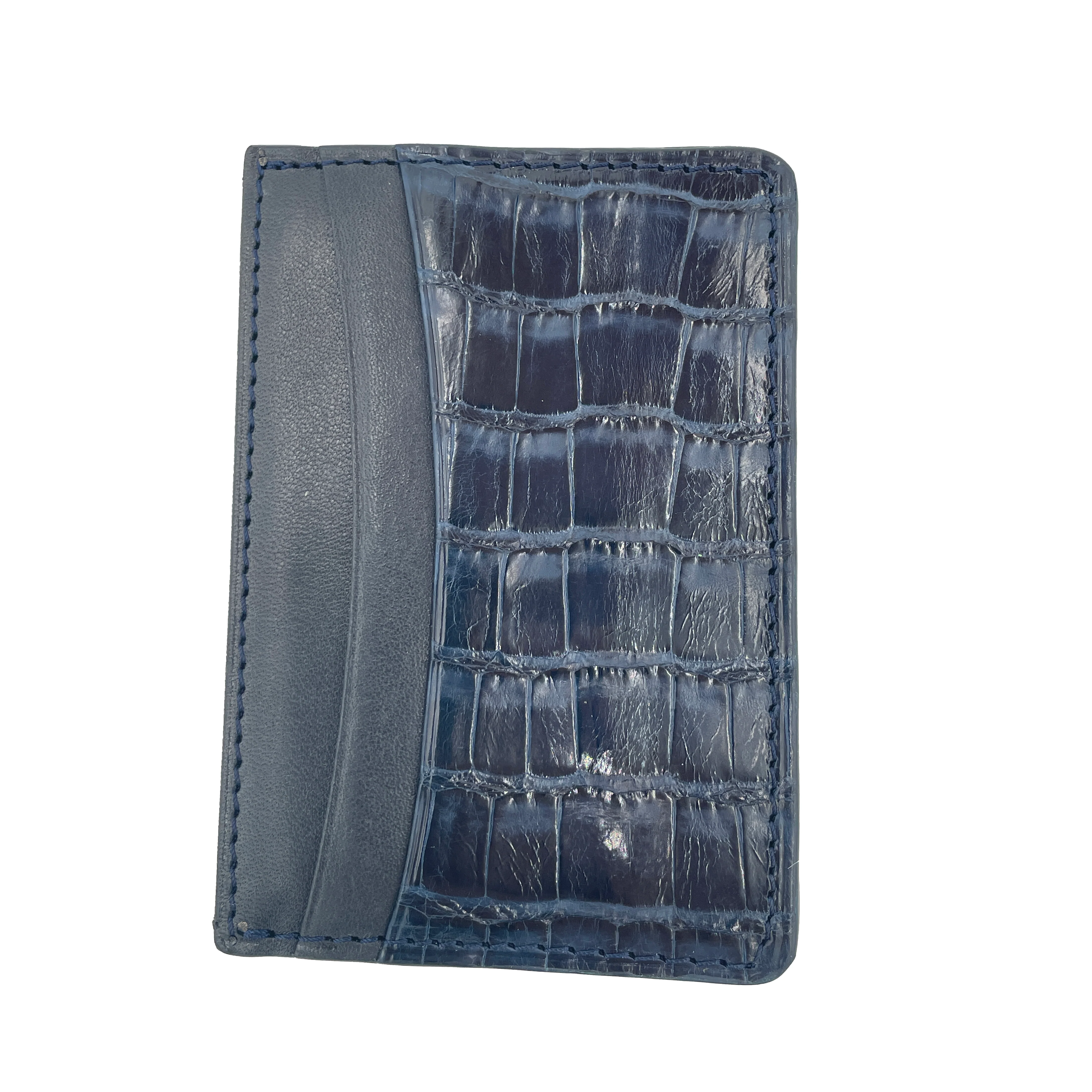 Men's Genuine Glazed Crocodile Card Wallet - Navy
